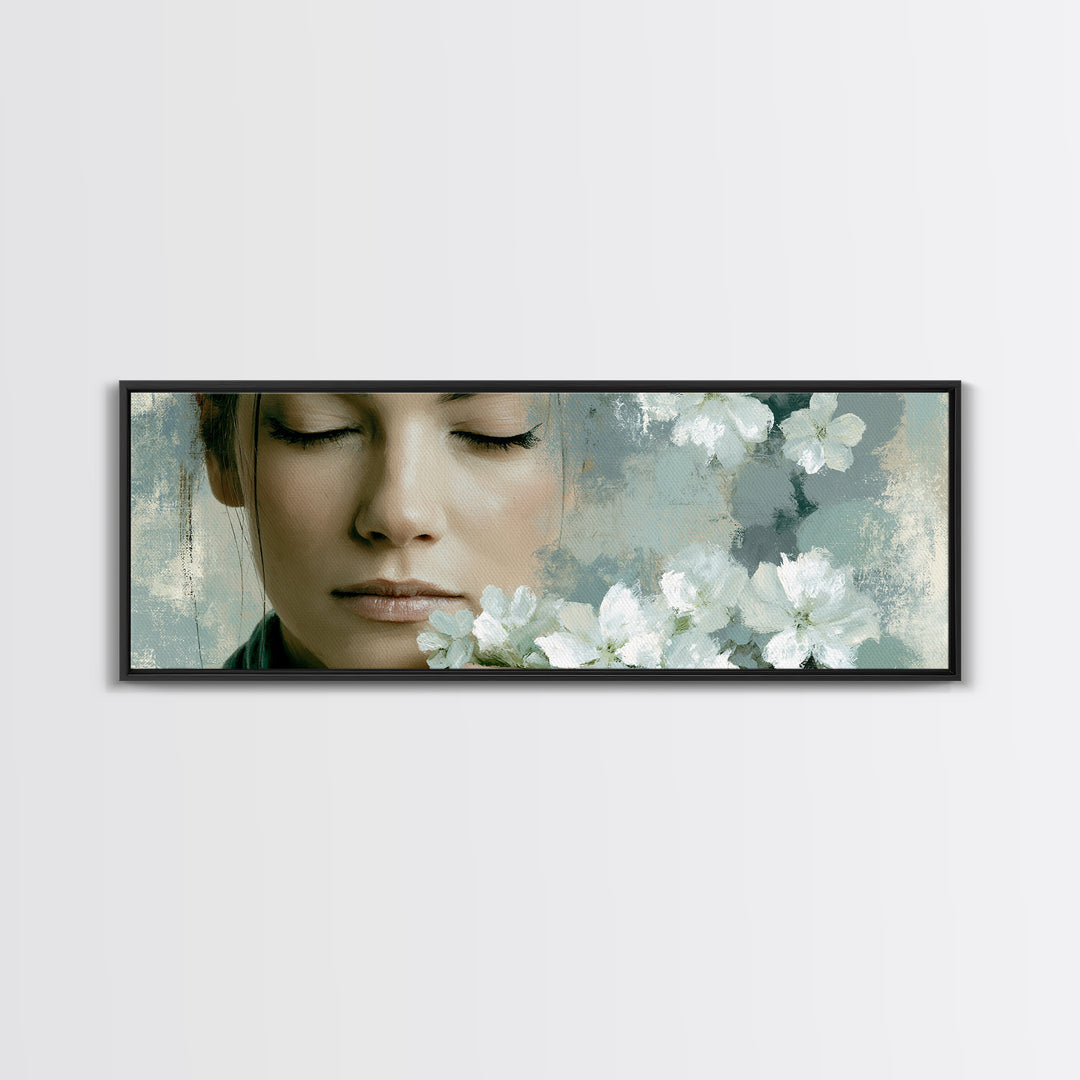 Minimal Face with Closed Eyes and Flowers Canvas Print, Spa Art, Wildlife Wall Art, Spa Decor, Serenity, Minimalist Decor, SPA-3x1-11
