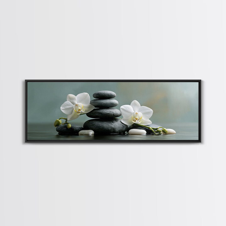 White Orchid on Smooth Gray Stone Framed Canvas Print, Spa Art, Dog Wall Art, Spa Decor, Fine Art, Serenity, Dog Canvas, SPA-3x1-18