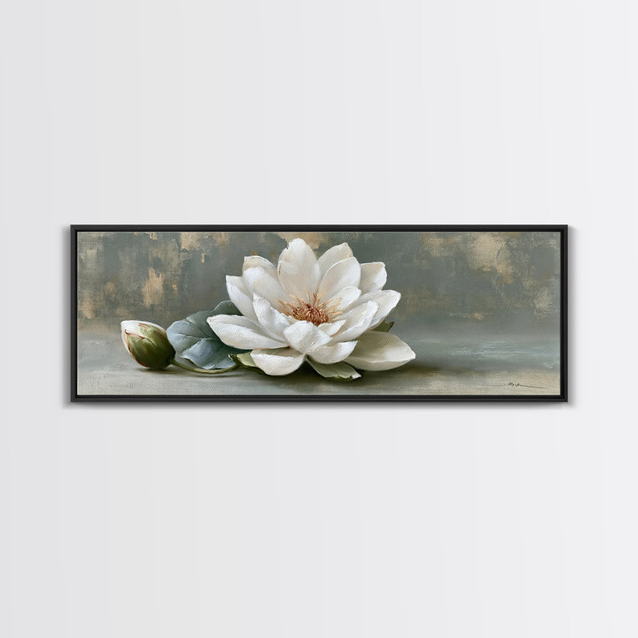 Single White Flower on Linen Ground Canvas Print, Spa Art, Salon Decor, Spa Decor, Oil Painting, Serenity, Statement Artwork, SPA-3x1-33