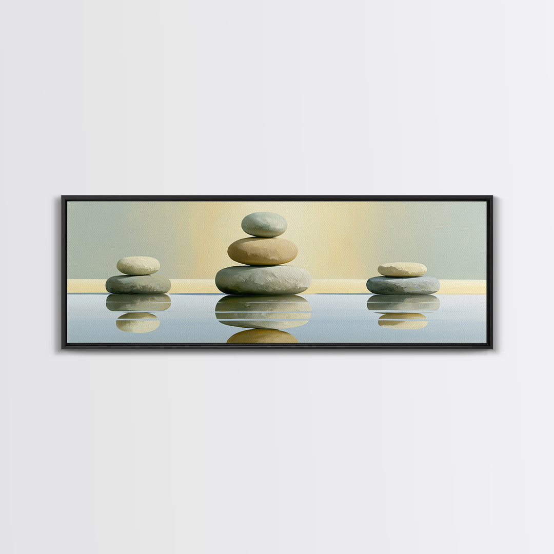 Stacked Stones Beside Calm Water Canvas Print, Spa Art, Wildlife Wall Art, Spa Decor, Watercolor Art, Serenity, SPA-3x1-41