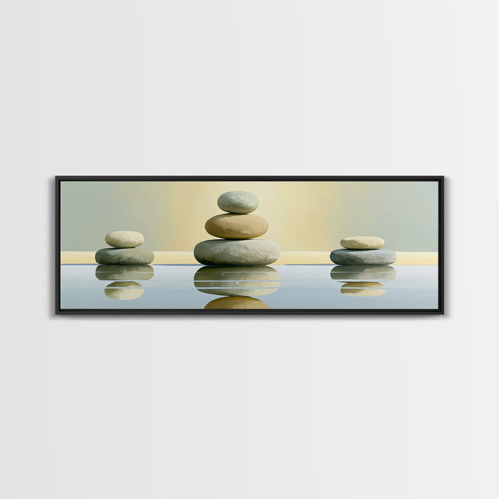 Stacked Stones Beside Calm Water Canvas Print, Spa Art, Wildlife Wall Art, Spa Decor, Watercolor Art, Serenity, SPA-3x1-41