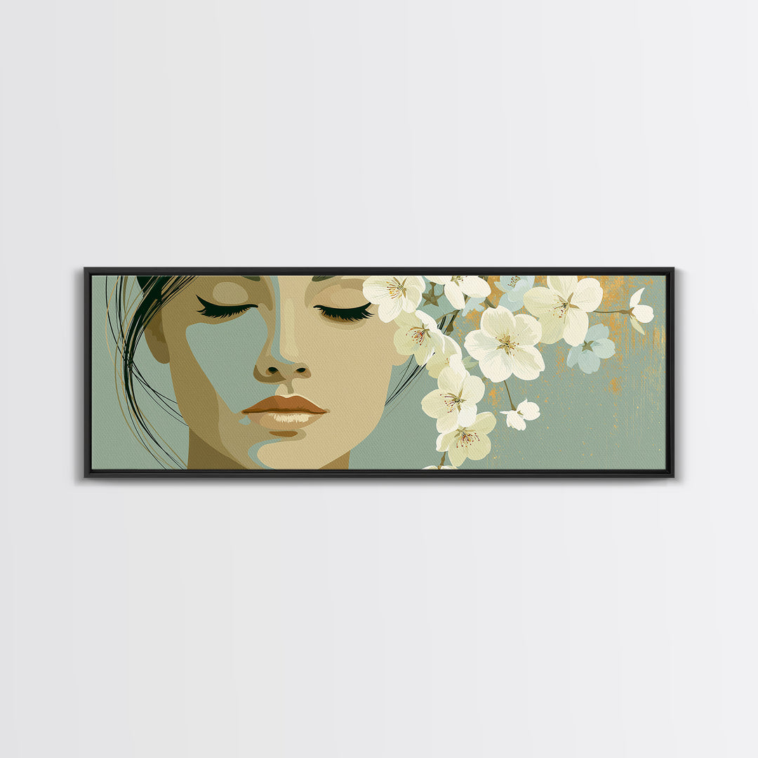 Minimal Face with Closed Eyes and Flowers Framed Canvas Print, Spa Art, Printable Wall Art, Spa Decor, Watercolor Art, Serenity, SPA-3x1-59