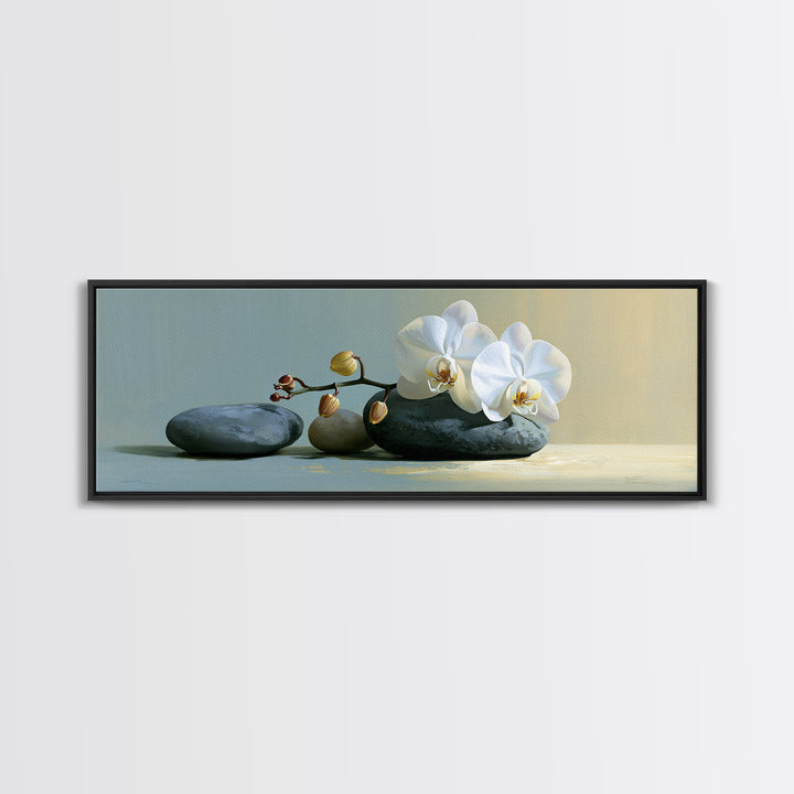 White Orchid on Smooth Gray Stone Canvas Print, Spa Art, Modern Home Decor, Spa Decor, Fine Art, Serenity, Neutral Decor, SPA-3x1-66