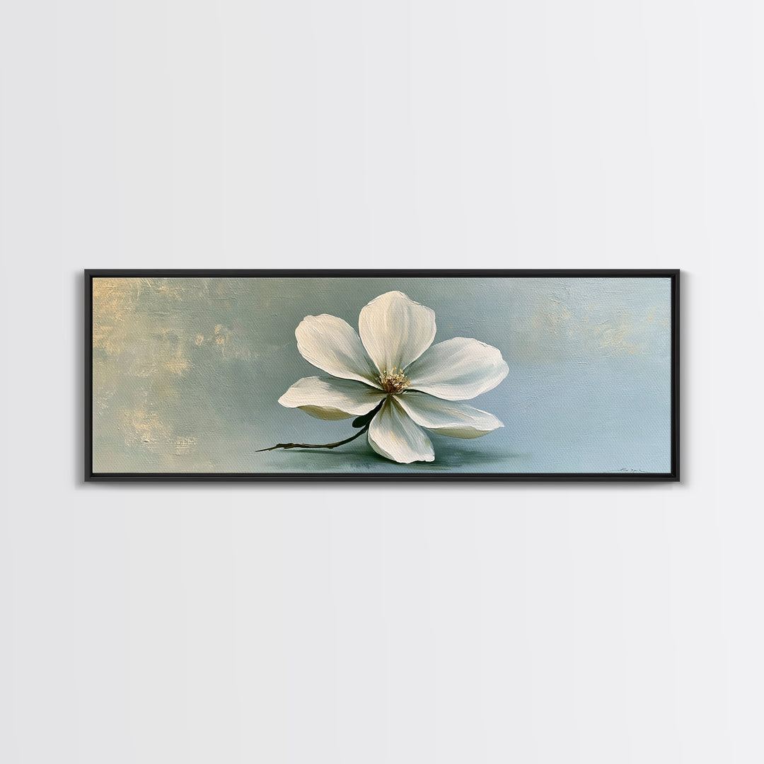 Single White Flower on Linen Ground Framed Canvas Print, Spa Art, Tarot Card Art, Spa Decor, Watercolor Art, Serenity, SPA-3x1-81