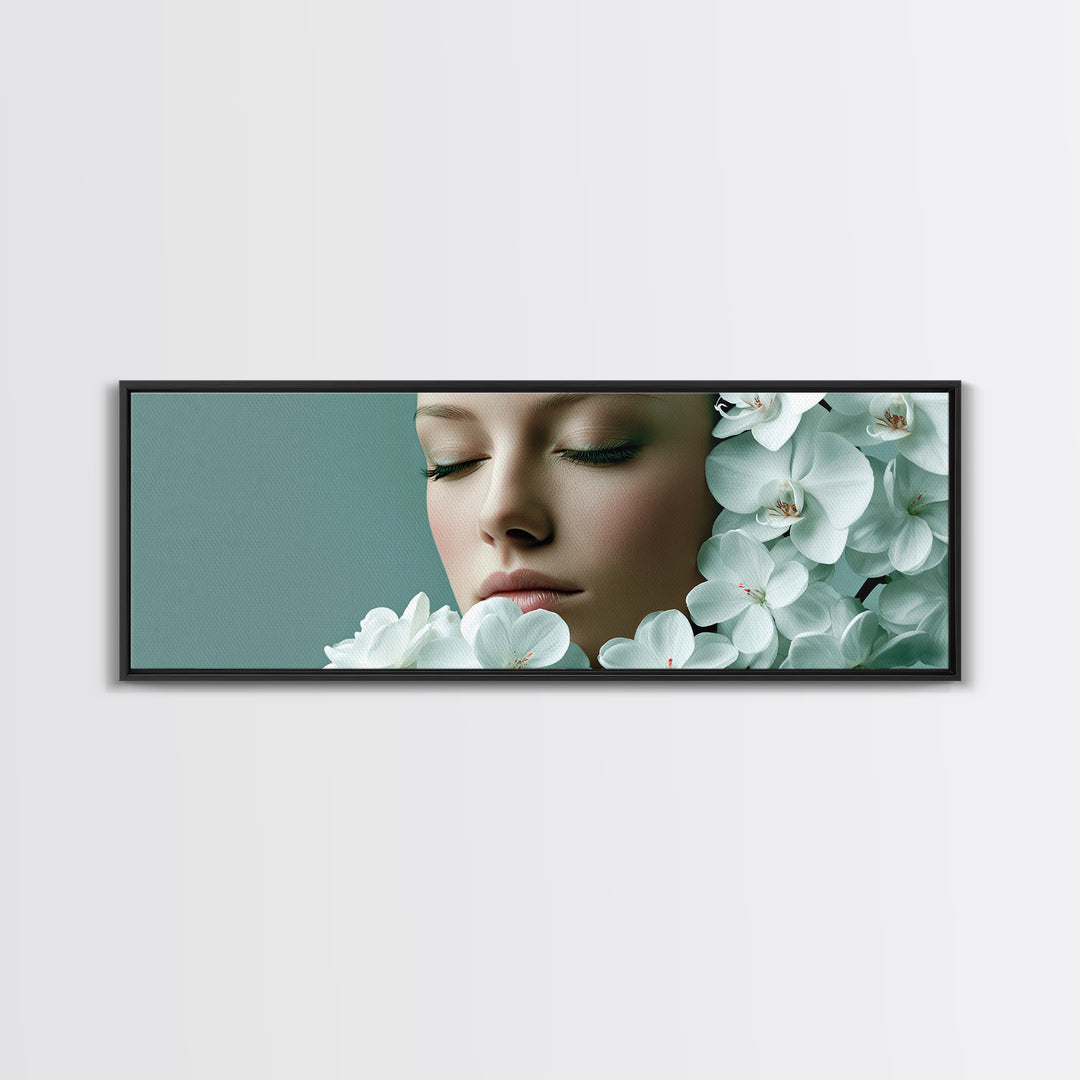 Minimal Face with Closed Eyes and Flowers Canvas Print, Spa Art, Travel Poster, Spa Decor, Watercolor Art, Serenity, SPA-3x1-83