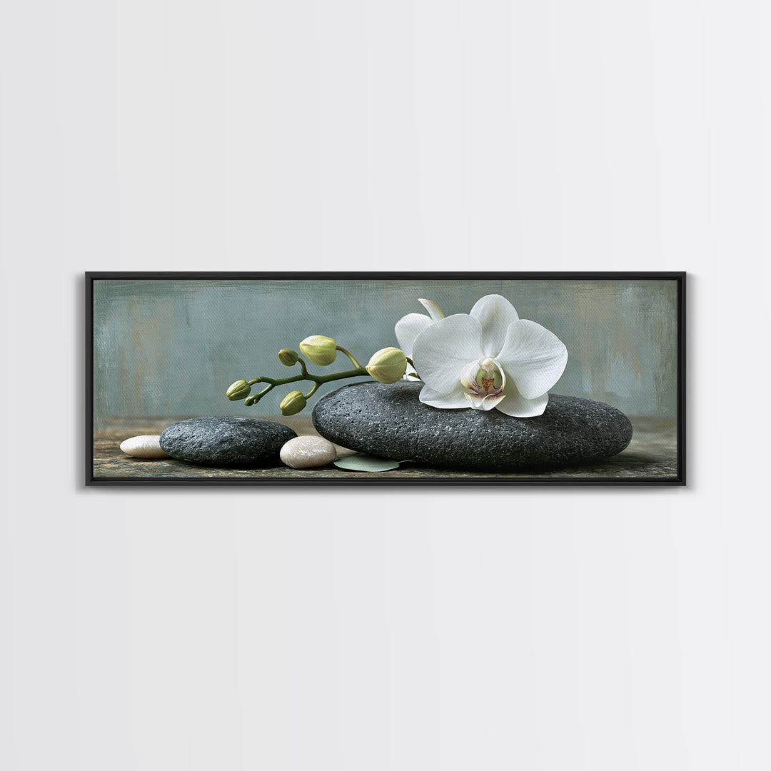 White Orchid on Smooth Gray Stone Framed Canvas Print, Spa Art, Teen Girl Room Decor, Spa Decor, Serenity, Luxury Decor, SPA-3x1-90