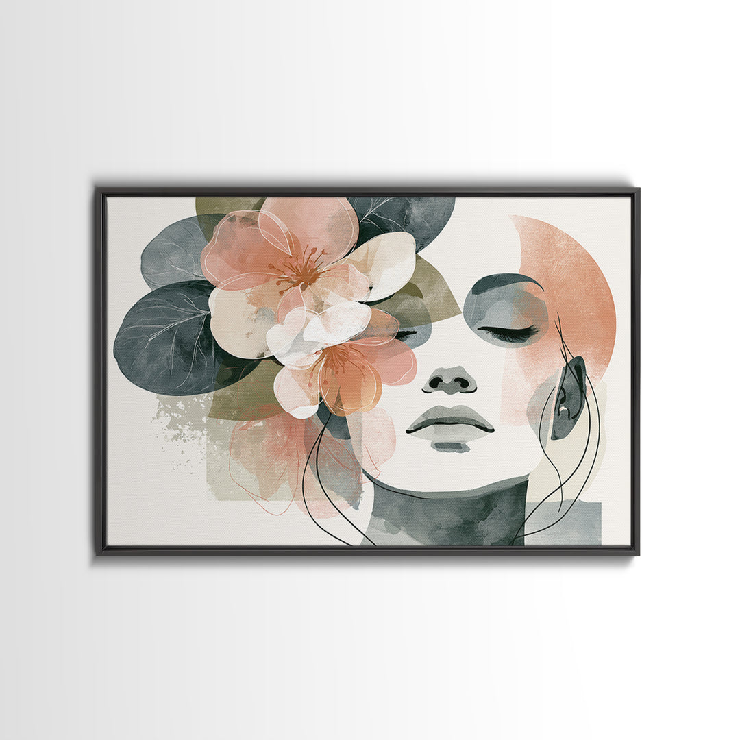 Minimal Face with Closed Eyes and Flowers Framed Canvas Print, Spa Art, Esthetician Decor, Spa Decor, Oil Painting, Serenity, SPA-3x2-23