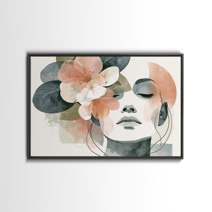 Minimal Face with Closed Eyes and Flowers Framed Canvas Print, Spa Art, Esthetician Decor, Spa Decor, Oil Painting, Serenity, SPA-3x2-23