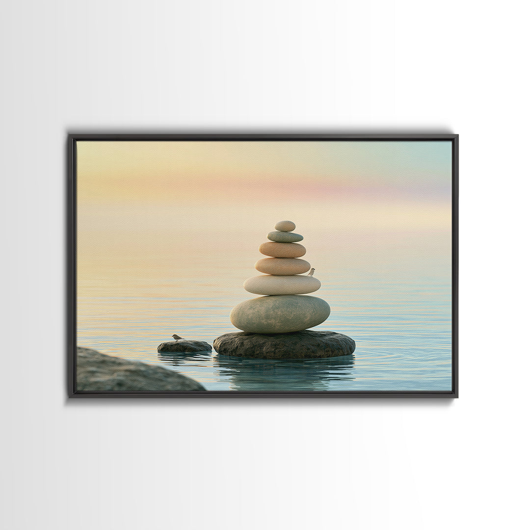 Stacked Stones Beside Calm Water Canvas Print, Spa Art, Modern Decor, Spa Decor, Fine Art, Serenity, Wall Decor, SPA-3x2-29