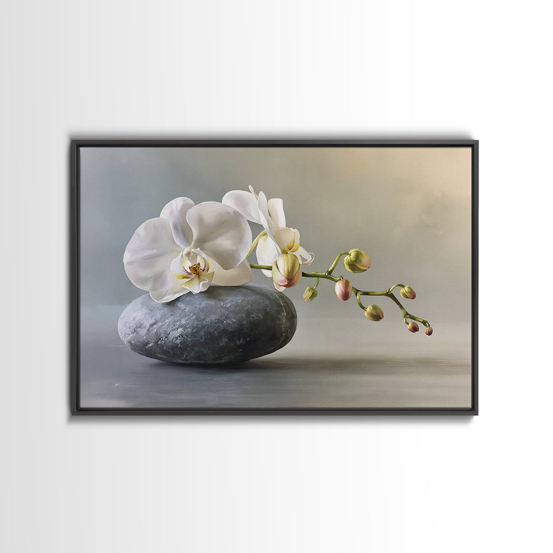 White Orchid on Smooth Gray Stone Canvas Print, Spa Art, Salon Decor, Spa Decor, Fine Art, Serenity, Statement Artwork, SPA-3x2-30
