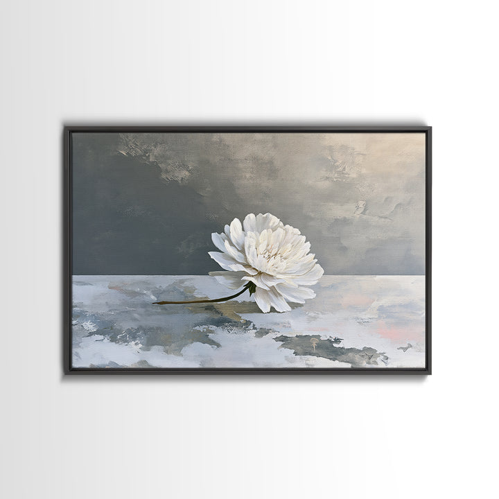Single White Flower on Linen Ground Framed Canvas Print, Spa Art, Gallery Decor, Spa Decor, Fine Art, Serenity, Wall Art, SPA-3x2-45