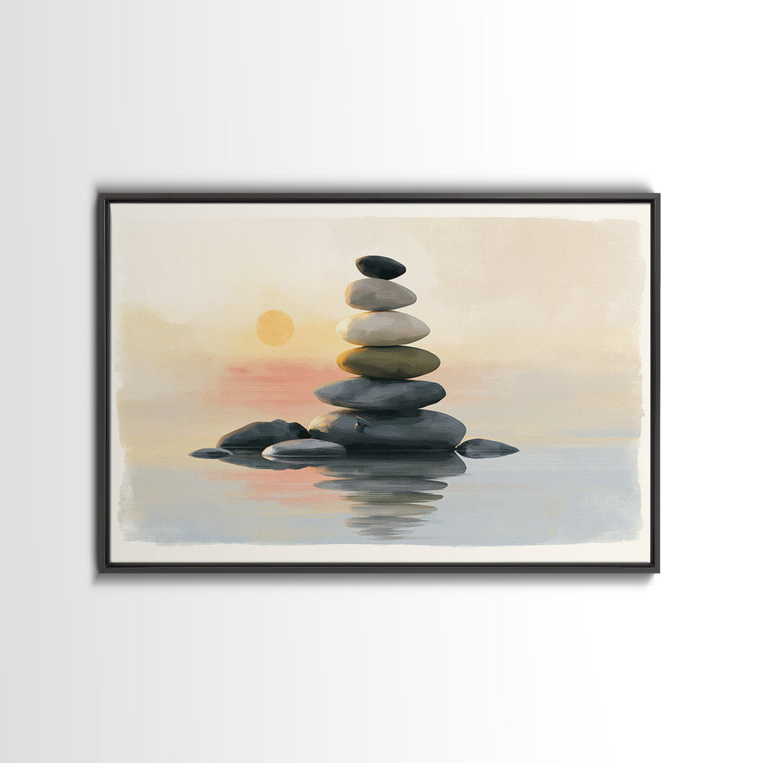 Stacked Stones Beside Calm Water Framed Canvas Print, Spa Art, Esthetician Decor, Spa Decor, Fine Art, Serenity, Room Decor, SPA-3x2-5