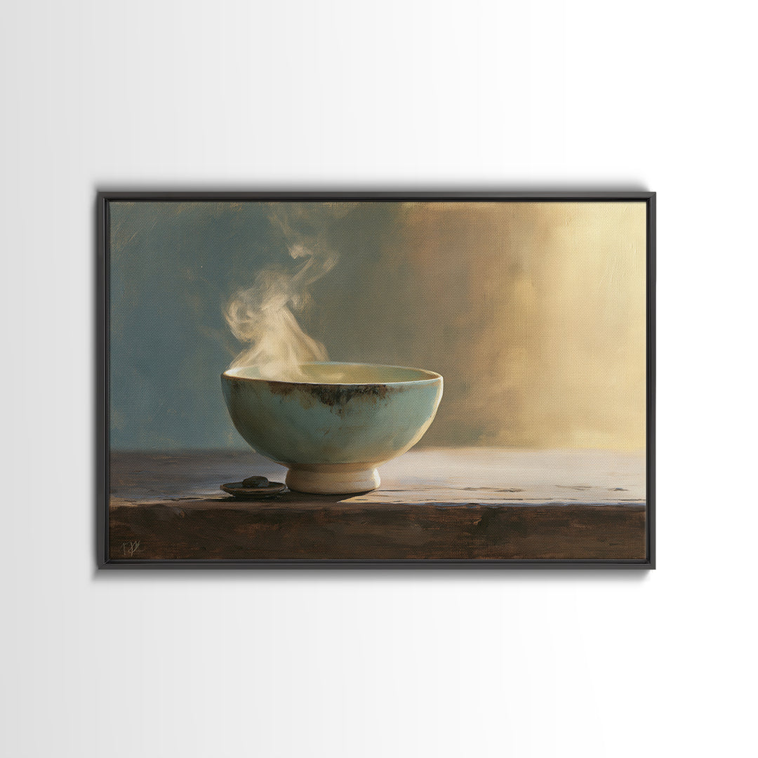 Tea Bowl and Steam Still Life Framed Canvas Print, Spa Art, Dog Groomer Gifts, Spa Decor, Oil Painting, Serenity, SPA-3x2-50