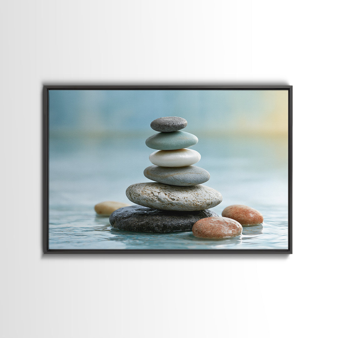 Stacked Stones Beside Calm Water Canvas Print, Spa Art, Modern Decor, Spa Decor, Fine Art, Serenity, Wall Decor, SPA-3x2-53