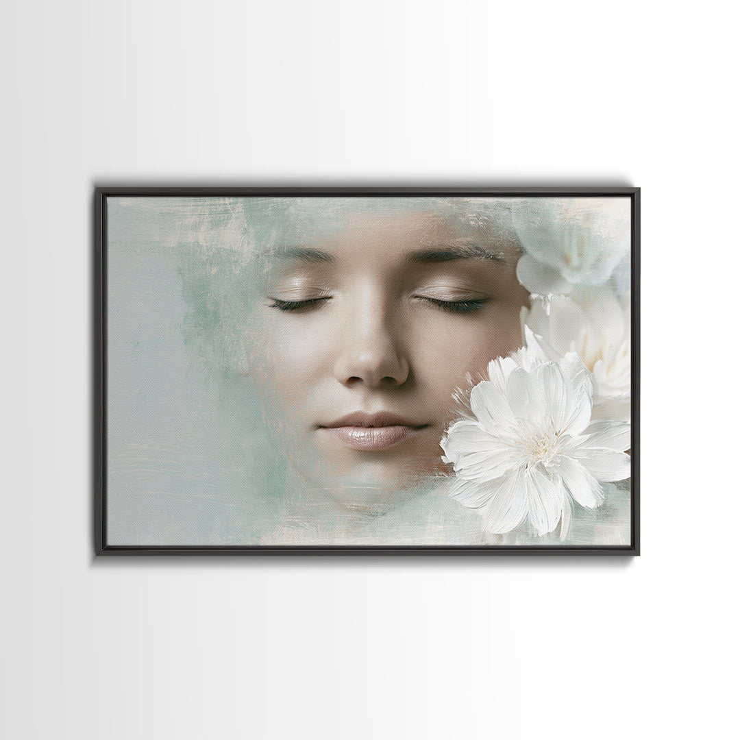 Minimal Face with Closed Eyes and Flowers Framed Canvas Print, Spa Art, Wildlife Wall Art, Spa Decor, Fine Art, Serenity, SPA-3x2-71