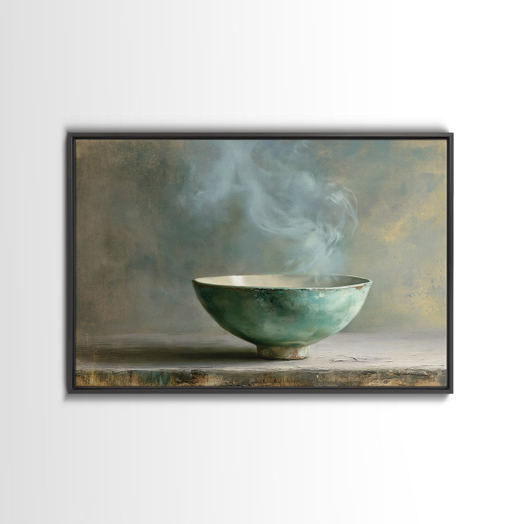 Tea Bowl and Steam Still Life Framed Canvas Print, Spa Art, Dog Groomer Gifts, Spa Decor, Oil Painting, Serenity, SPA-3x2-74