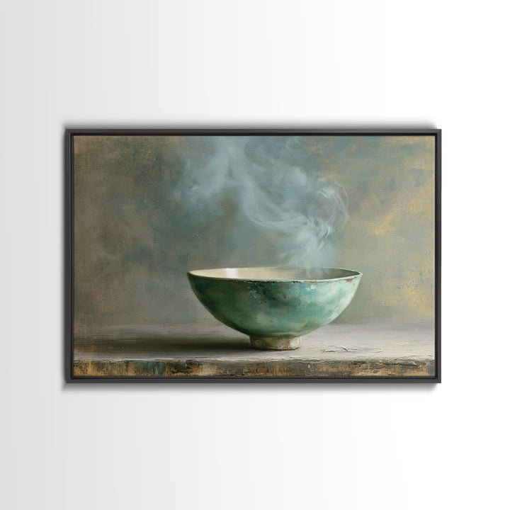 Tea Bowl and Steam Still Life Framed Canvas Print, Spa Art, Dog Groomer Gifts, Spa Decor, Oil Painting, Serenity, SPA-3x2-74