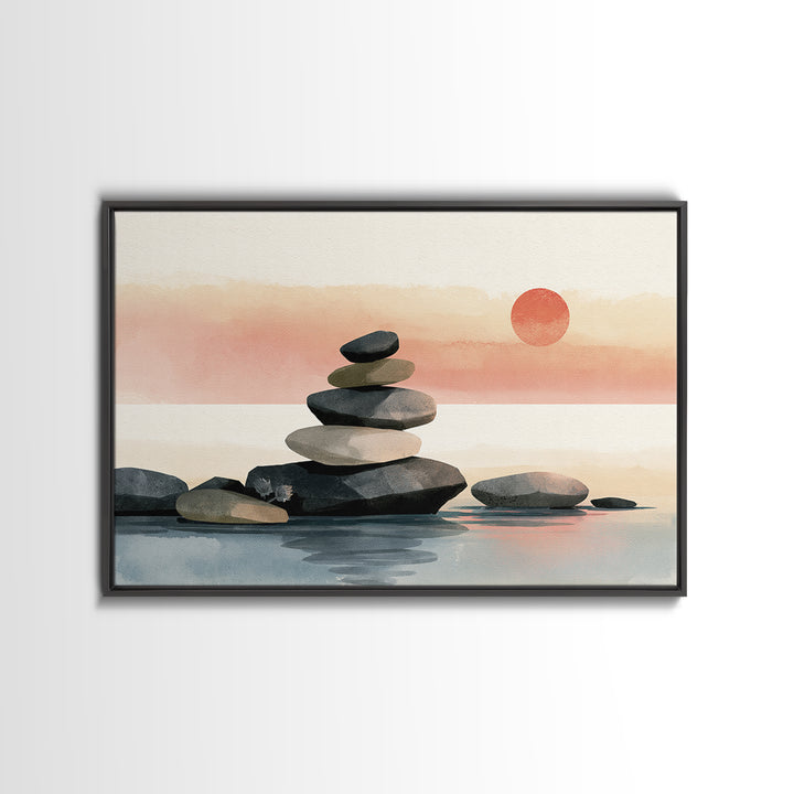 Stacked Stones Beside Calm Water Framed Canvas Print, Spa Art, Art Print, Spa Decor, Fine Art, Serenity, Botanical Art, SPA-3x2-77