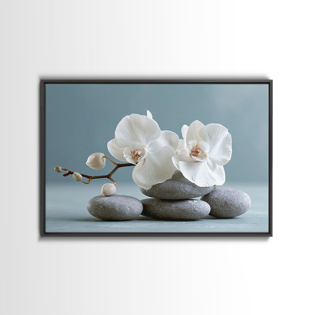 White Orchid on Smooth Gray Stone Framed Canvas Print, Spa Art, Tarot Card Art, Spa Decor, Fine Art, Serenity, SPA-3x2-78