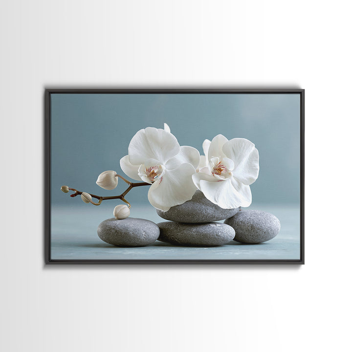 White Orchid on Smooth Gray Stone Framed Canvas Print, Spa Art, Tarot Card Art, Spa Decor, Fine Art, Serenity, SPA-3x2-78