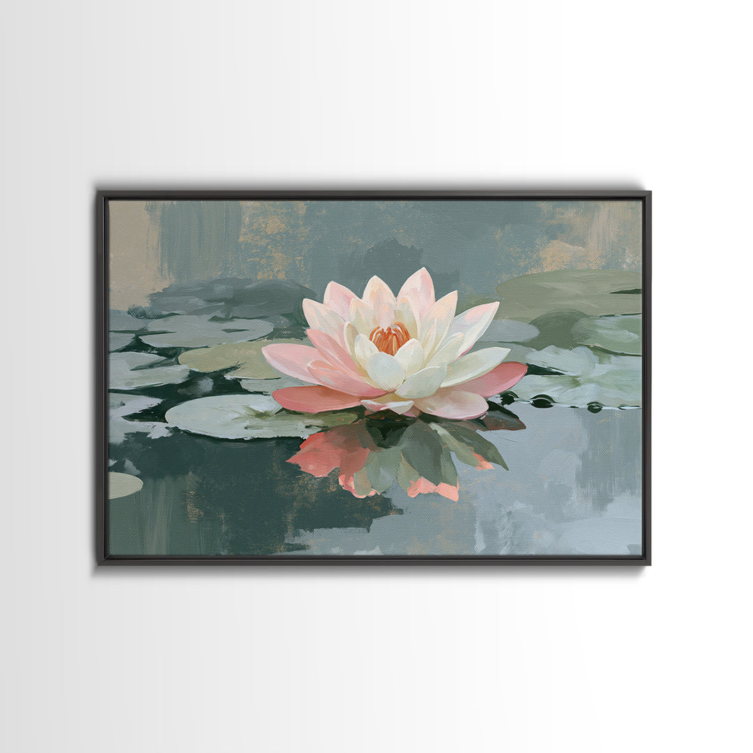 Lotus Flower Floating on Still Pond Framed Canvas Print, Spa Art, Home Decor, Spa Decor, Fine Art, Serenity, Dog Wall Art, SPA-3x2-80