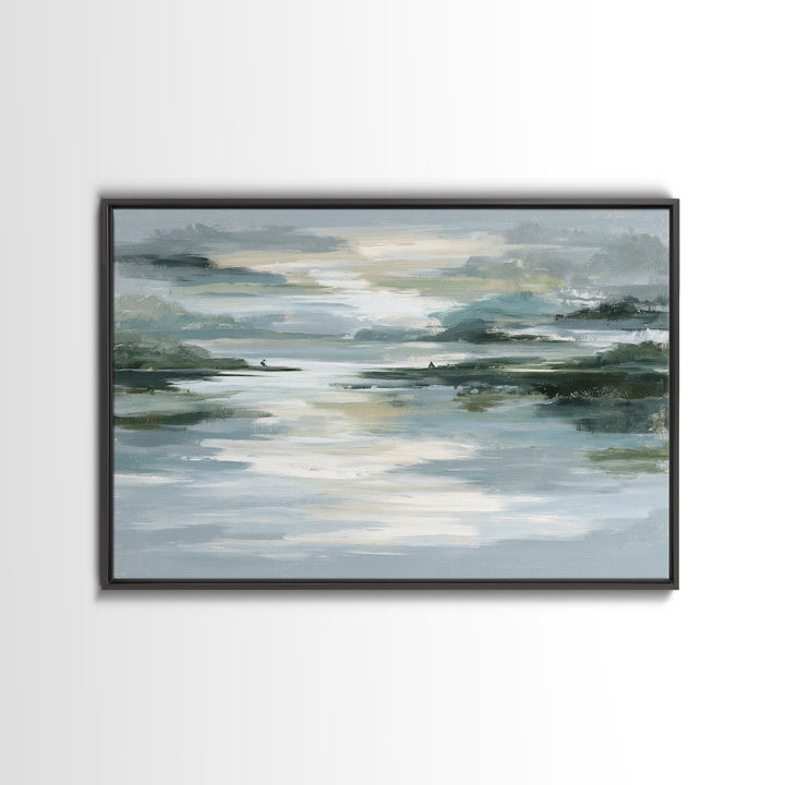 Moonlit Lake Reflection Framed Canvas Print, Spa Art, Abstract, Spa Decor, Watercolor Art, Serenity, City Art, Spa Wall Art, SPA-3x2-99