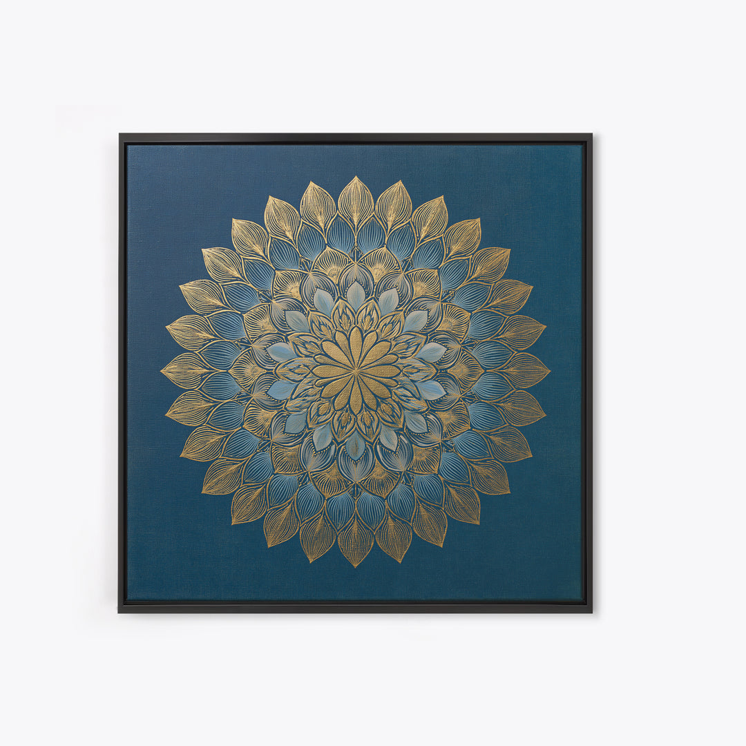 Gold Mandala on Deep Blue Background Framed Canvas Print, Spiritual Art, Art Prints, Living Room Decor, Oil Painting, Spirit, SPI-1x1-28