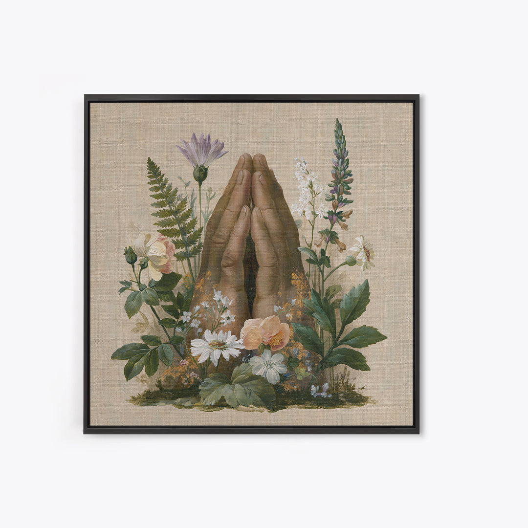 Prayer Hands with Botanical Details Framed Canvas Print, Spiritual Art, Printable Wall Art, Living Room Decor, Fine Art, Spirit, SPI-1x1-33