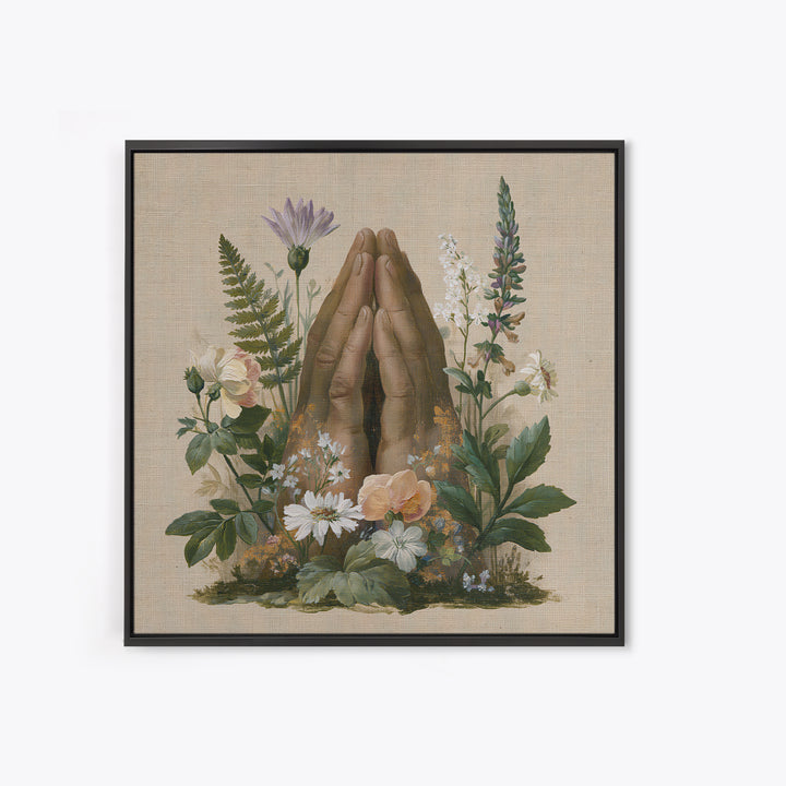 Prayer Hands with Botanical Details Framed Canvas Print, Spiritual Art, Printable Wall Art, Living Room Decor, Fine Art, Spirit, SPI-1x1-33