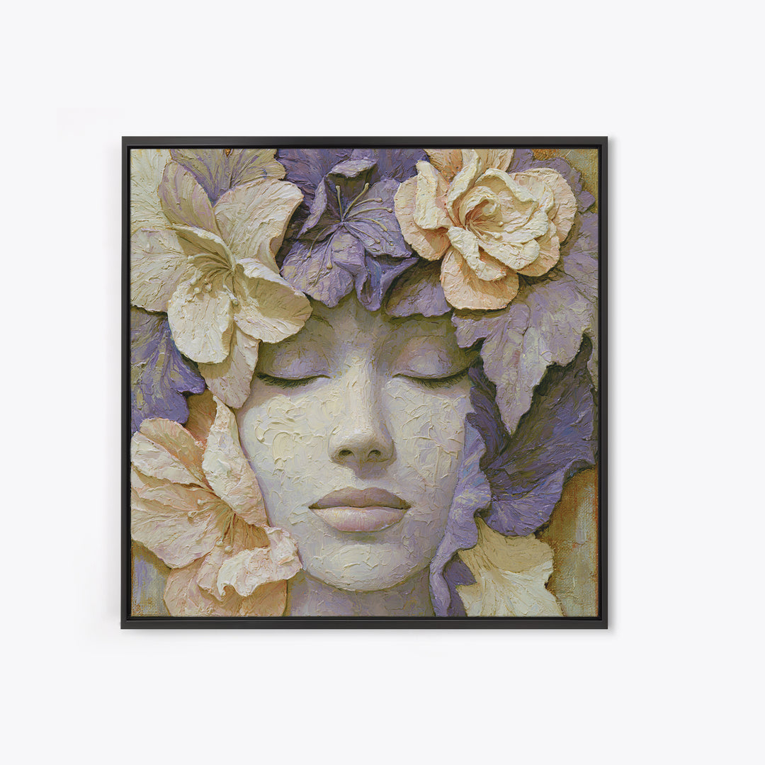 Serene Face with Closed Eyes and Flowers Canvas Print, Spiritual Art, Digital Art, Living Room Decor, Watercolor Art, Spirit, SPI-1x1-36