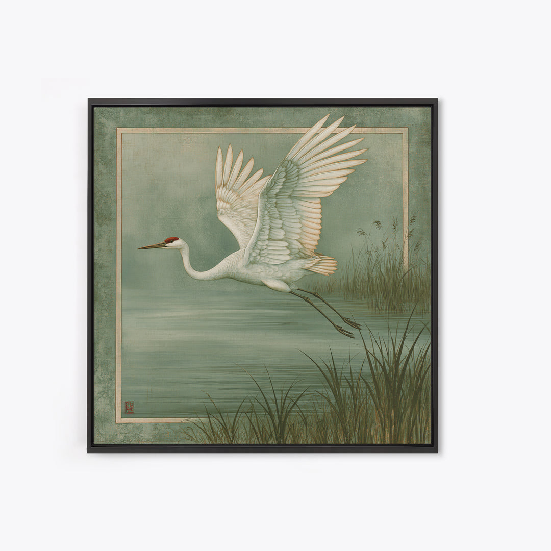 White Crane Flying Framed Canvas Print, Spiritual Art, Room Decor, Living Room Decor, Oil Painting, Spirit, Digital Print, SPI-1x1-48