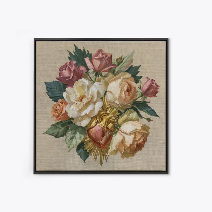 Sacred Heart with Roses and Gold Rays Framed Canvas Print, Spiritual Art, Textured Painting, Living Room Decor, Spirit, SPI-1x1-62