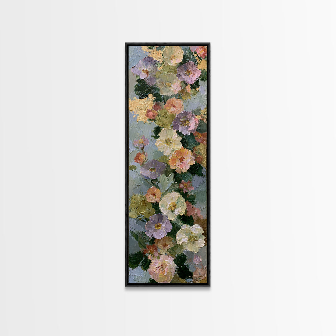 Serene Face with Closed Eyes and Flowers Framed Canvas Print, Spiritual Art, Boho Wall Art, Living Room Decor, Oil Painting, SPI-1x3-24