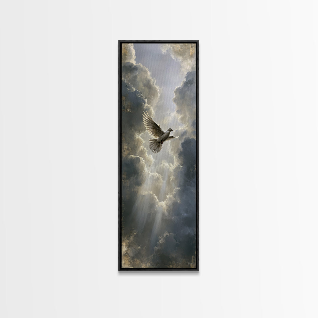 Dove Flying Through Radiant Clouds Canvas Print, Spiritual Art, Textured Painting, Living Room Decor, Fine Art, Spirit, SPI-1x3-41