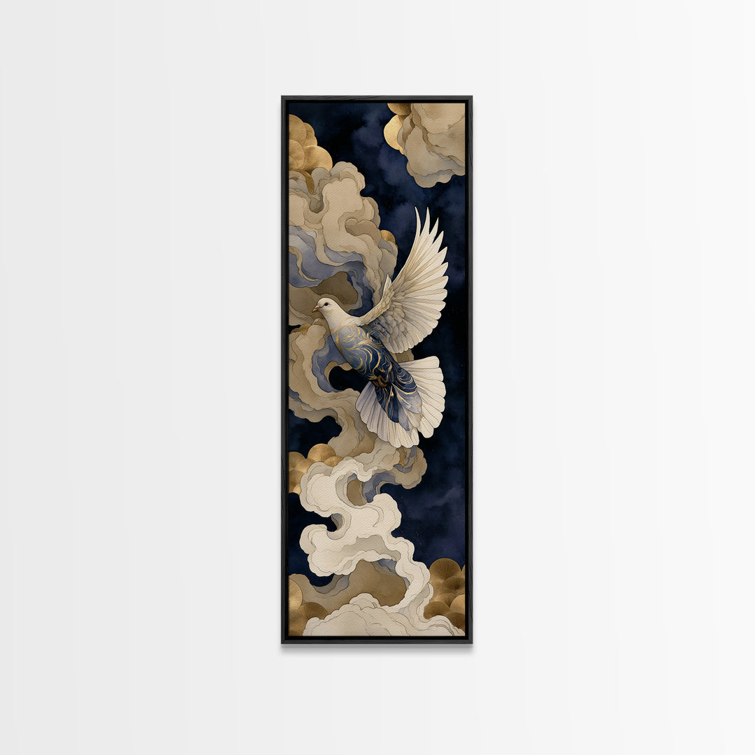 Dove Flying Through Radiant Clouds Canvas Print, Spiritual Art, Boho Wall Art, Living Room Decor, Spirit, Modern Decor, SPI-1x3-65