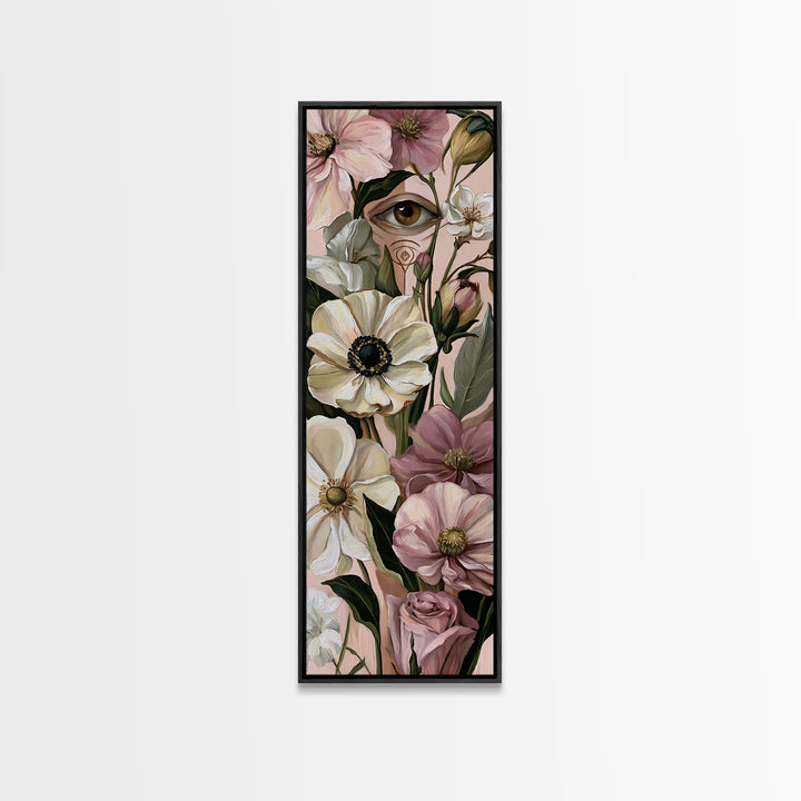 Third Eye Symbol Surrounded by Flowers Framed Canvas Print, Spiritual Art, Digital Prints, Living Room Decor, Watercolor Art, SPI-1x3-66