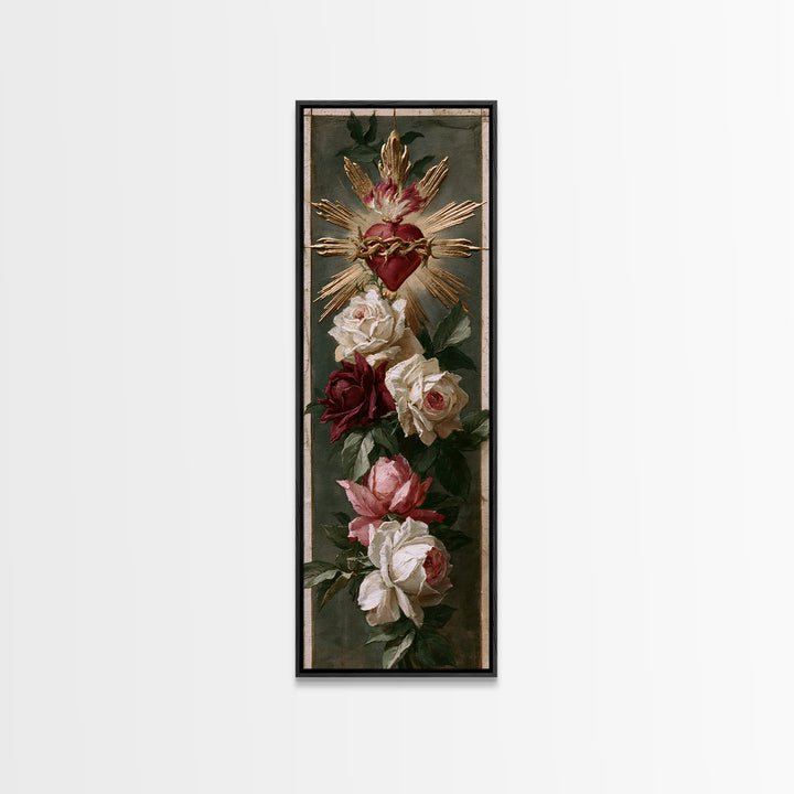 Sacred Heart with Roses and Gold Rays Canvas Print, Spiritual Art, Art Print, Living Room Decor, Spirit, Boho Wall Art, SPI-1x3-98