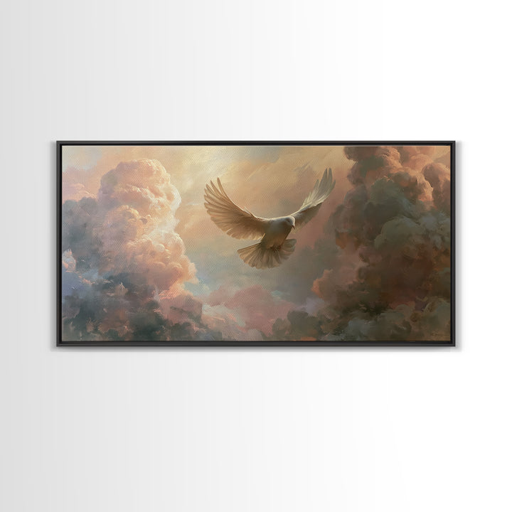 Dove Flying Through Radiant Clouds Framed Canvas Print, Spiritual Art, Funky Wall Art, Living Room Decor, Fine Art, Spirit, SPI-2x1-1