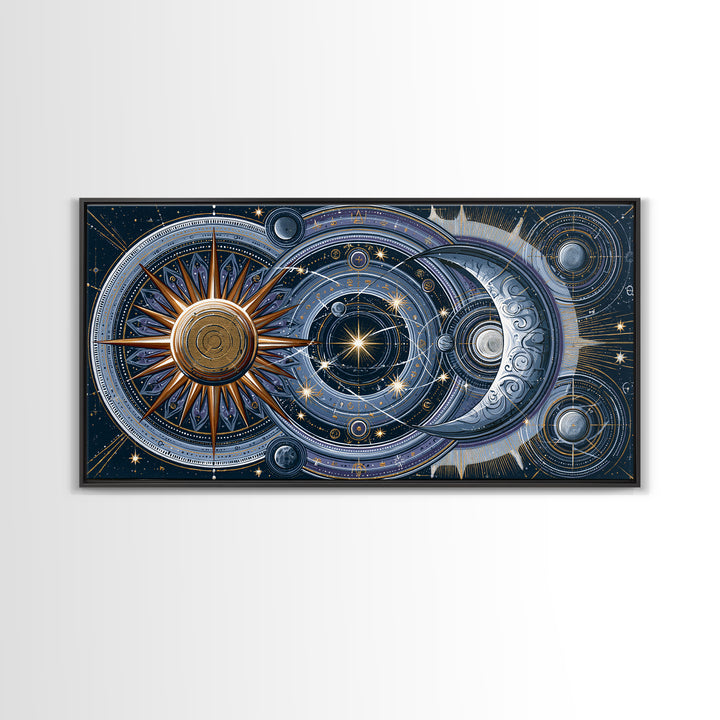 Sun and Moon Spiritual Balance Composition Framed Canvas Print, Spiritual Art, Trendy Wall Art, Living Room Decor, Spirit, SPI-2x1-100