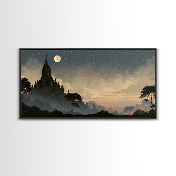 Ancient Temple Silhouette Framed Canvas Print, Spiritual Art, Living Room Decor, Watercolor Art, Spirit, Abstract Wall Art, SPI-2x1-15