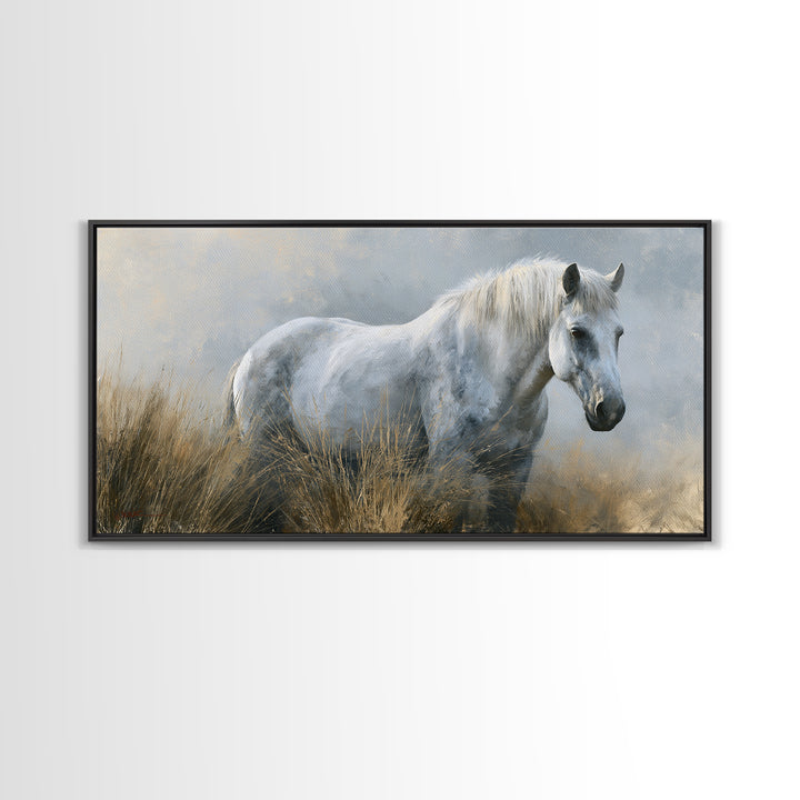 White Horse in Misty Sacred Landscape Framed Canvas Print, Spiritual Art, Art Print, Living Room Decor, Oil Painting, Spirit, SPI-2x1-30