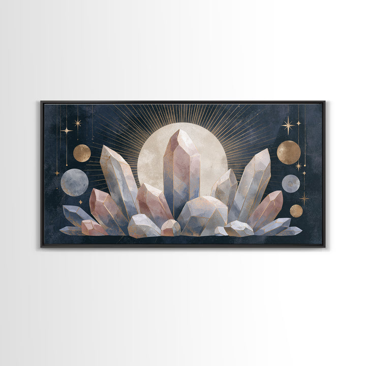 Crystal Cluster with Moonlight Reflections Framed Canvas Print, Spiritual Art, Digital Print, Living Room Decor, Spirit, SPI-2x1-33