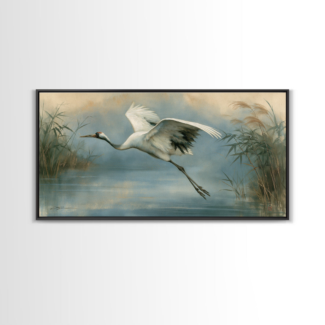 White Crane Flying Canvas Print, Spiritual Art, Minimalist Decor, Living Room Decor, Fine Art, Spirit, Wall Art Prints, SPI-2x1-44
