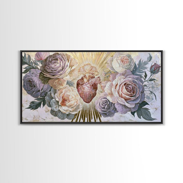 Sacred Heart with Roses and Gold Rays Canvas Print, Spiritual Art, Framed Wall Art, Living Room Decor, Fine Art, Spirit, SPI-2x1-58