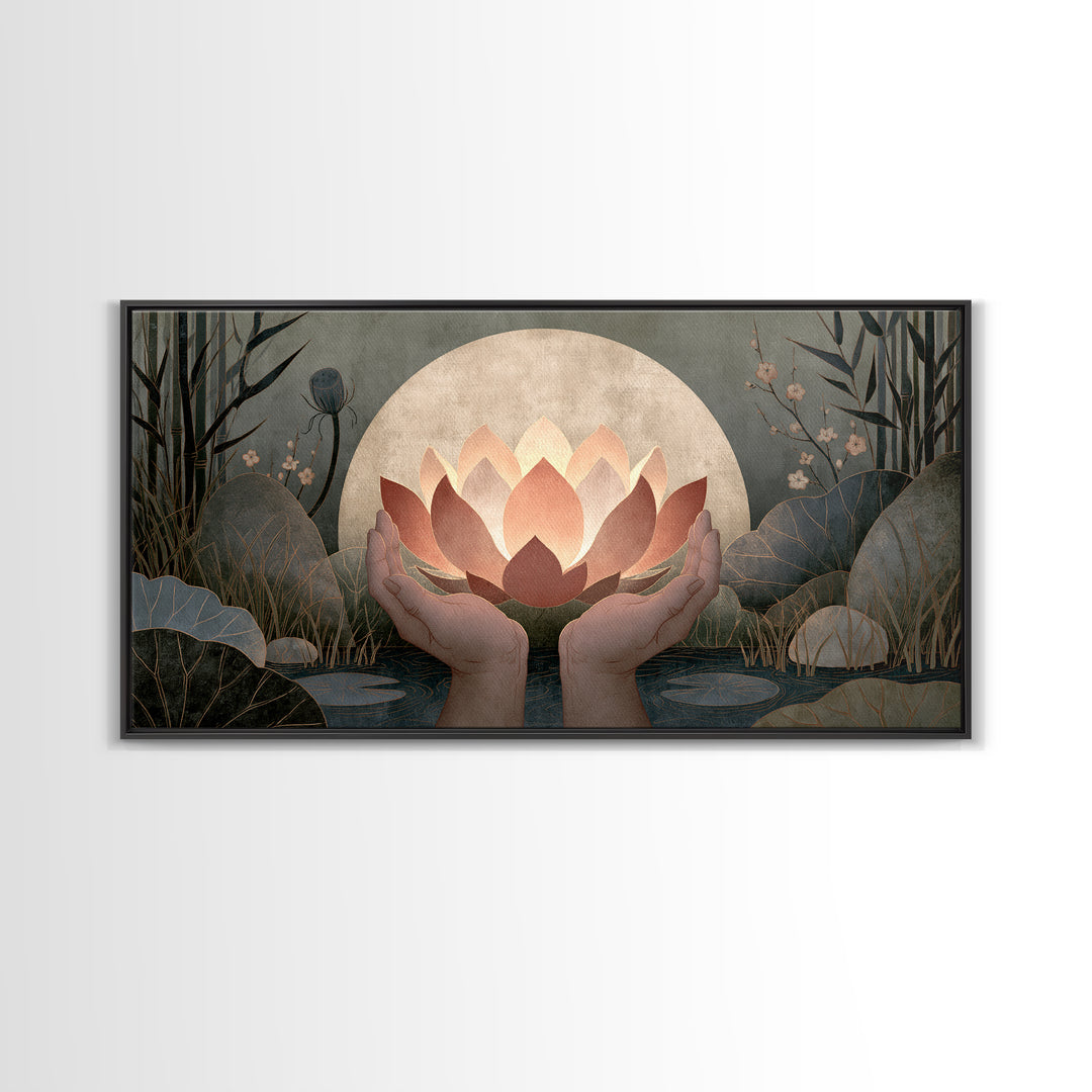 Hands Holding a Glowing Lotus Canvas Print, Spiritual Art, Neutral Decor, Living Room Decor, Abstract Art, Spirit, Wall Decor, SPI-2x1-71