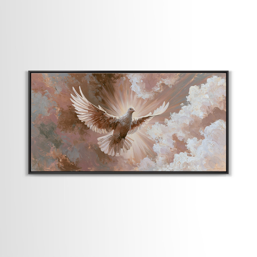 Dove Flying Through Radiant Clouds Canvas Print, Spiritual Art, Digital Poster, Living Room Decor, Fine Art, Spirit, SPI-2x1-73