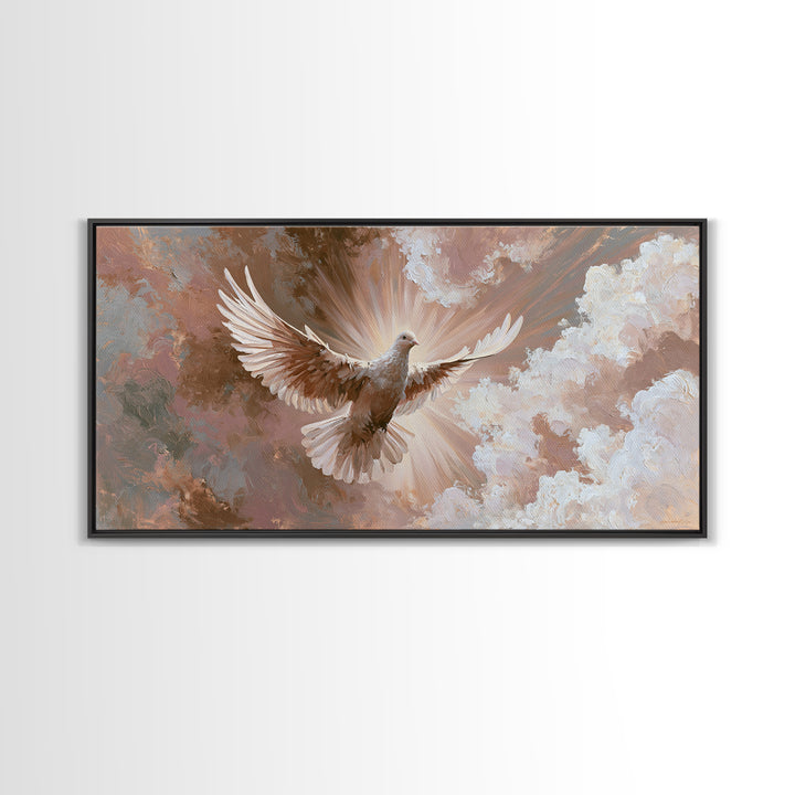 Dove Flying Through Radiant Clouds Canvas Print, Spiritual Art, Digital Poster, Living Room Decor, Fine Art, Spirit, SPI-2x1-73