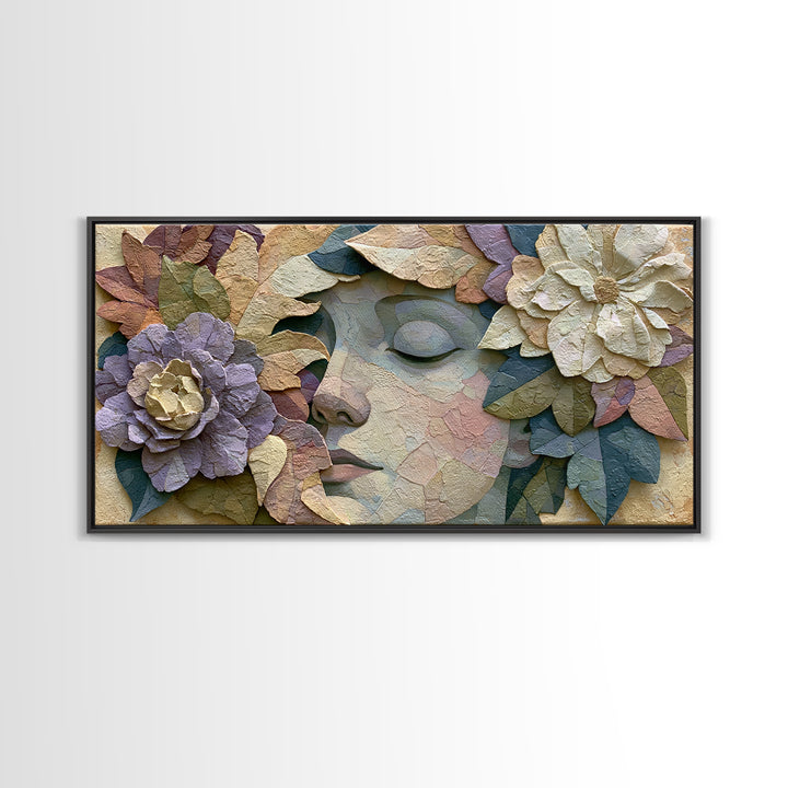 Serene Face with Closed Eyes and Flowers Framed Canvas Print, Spiritual Art, Abstract Wall Art, Living Room Decor, Oil Painting, SPI-2x1-80