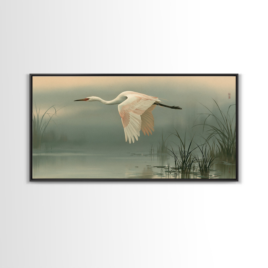 White Crane Flying Framed Canvas Print, Spiritual Art, Black Art, Living Room Decor, Fine Art, Spirit, Christian Decor, SPI-2x1-92