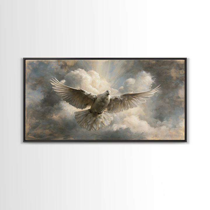 Dove Flying Through Radiant Clouds Framed Canvas Print, Spiritual Art, Modern Decor, Living Room Decor, Fine Art, Spirit, SPI-2x1-97